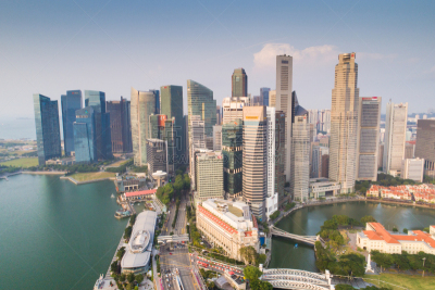 Aerial view Panoramic of the Singapore Skyline and Marina Bay, the marina is the centre of the economy in singapore, there are here all the building in singapore central