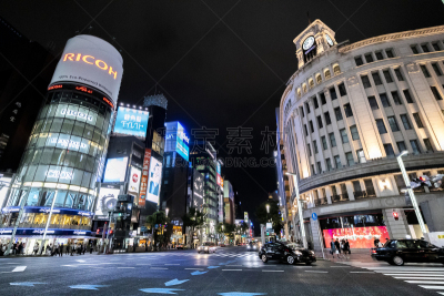 银座,东京,室内过夜,银座和光,汽车,钟塔,曙暮光,交通,广场,现代