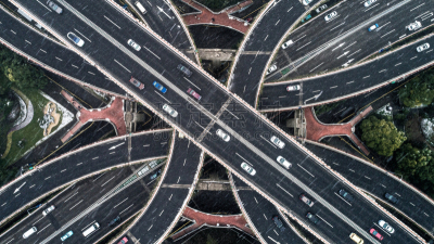 雪,公路,高架道路,城市,航拍视角,白昼,水平画幅,高视角,无人,交通