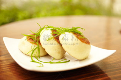 细香葱,蒸菜,小甜面包,烧烤猪肉,中式小笼包,点心,留白,水平画幅,无人,开胃品