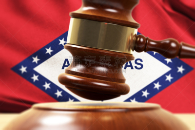 Wood Gavel Standing Front Of the Arkansas State Flag Closeup 3d Render
