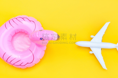 平铺,留白,极简构图,旅游目的地,塑料火烈鸟,概念,飞机,旅途,度假