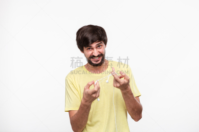 耳机,缠结的,男性美,有线的,无线技术,男人,络腮胡子,时间,愤怒,收到