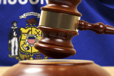 Wood Gavel Standing Front Of the Wisconsin State Flag Closeup 3d Render
