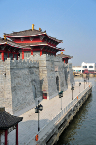 唐朝,渔人码头,水,砖,石材,建筑,图像,留白,垂直画幅,无人