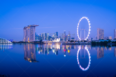 新加坡市,城市天际线,汇丰银行,新加坡摩天观景轮,滨海湾公园,滨海湾金沙酒店,滨海湾 ,码头周围,水平画幅,新加坡