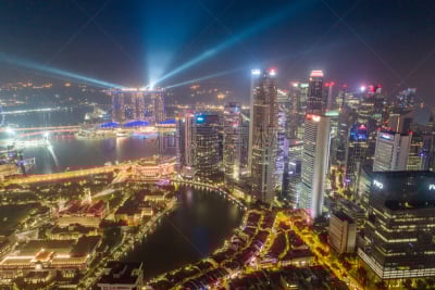 Aerial view Panoramic of the Singapore Skyline and Marina Bay, the marina is the centre of the economy in singapore, there are here all the building of all the majors bank and insurance.