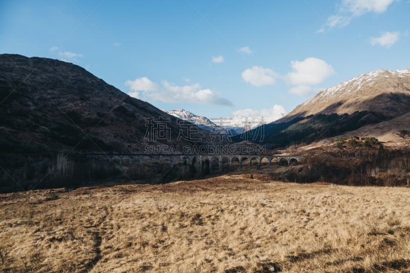 苏格兰,格伦菲南地区,高架桥,风景,美,水平画幅,高视角,山,无人,铁轨轨道