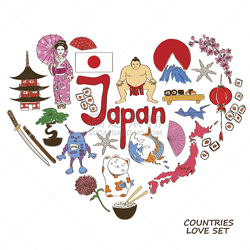 概念,心型,日文,和服,灯笼,仅日本人,日本食品,樱桃,稻,招财猫