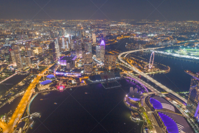 Aerial view Panoramic of the Singapore Skyline and Marina Bay, the marina is the centre of the economy in singapore, there are here all the building in singapore central
