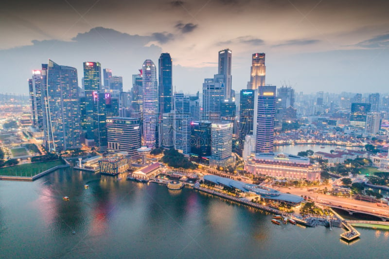 Aerial view Panoramic of the Singapore Skyline and Marina Bay, the marina is the centre of the economy in singapore, there are here all the building in singapore central