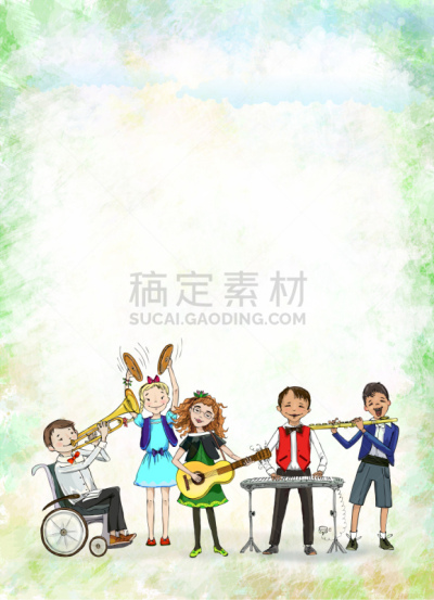 儿童,绘画插图,进行中,音乐,小号,性能组,儿童教育,流行音乐会,仅儿童,吉他