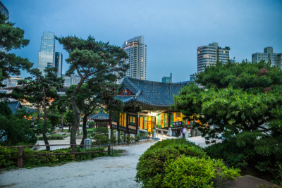 韩国,首尔,都市风景,居住区,江南区,灵性,公园,水平画幅,夜晚,无人