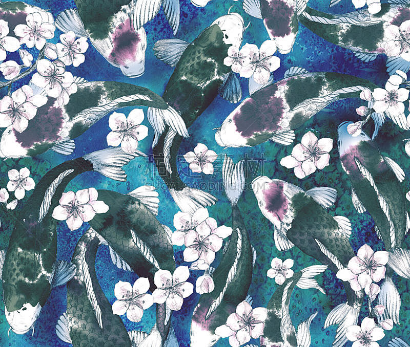 传统,绘画插图,日本,樱花,亚洲,日本灯笼,鲤鱼,东方人,涂料