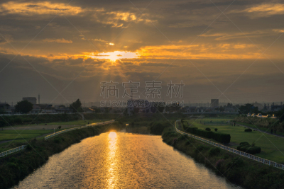 荒川河,甲府市,山梨县,富士山,天空,里山,水平画幅,无人,曙暮光,夏天