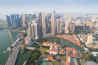 Aerial view Panoramic of the Singapore Skyline and Marina Bay, the marina is the centre of the economy in singapore, there are here all the building of all the majors bank and insurance.