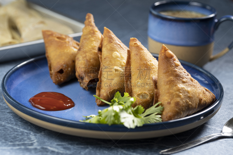 炸制食物,咖喱角,香旱芹菜,深的,蔬菜,清新,香料,食品,迅速,番茄酱