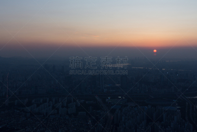 首尔,韩国,城市,在上面,江南区,汉城省,水平画幅,高视角,市区路,曙暮光