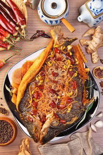 格子烤肉,香料,鱼类,重庆,深的,蔬菜,热,清新,食品,中国食品