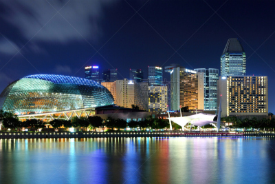 新加坡市,夜晚,城市天际线,滨海湾 ,水平画幅,新加坡,建筑,无人,户外,城市