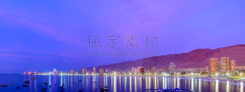 城市,伊基克,城市天际线,照明设备,黄昏,海岸线,阿塔卡马沙漠,户外,建筑,都市风景