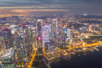 Aerial view Panoramic of the Singapore Skyline and Marina Bay, the marina is the centre of the economy in singapore, there are here all the building in singapore central