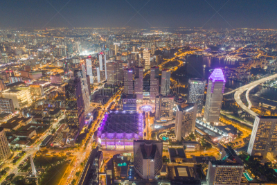Aerial view Panoramic of the Singapore Skyline and Marina Bay, the marina is the centre of the economy in singapore, there are here all the building in singapore central