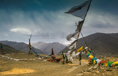 戏剧性的天空,山谷市,王家谷,经幡,贝若,灵性,风,水平画幅,无人,喜马拉雅山脉