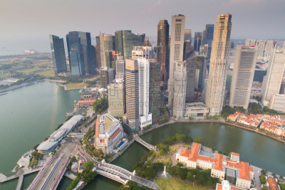 Aerial view Panoramic of the Singapore Skyline and Marina Bay, the marina is the centre of the economy in singapore, there are here all the building of all the majors bank and insurance.