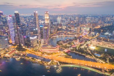Aerial view Panoramic of the Singapore Skyline and Marina Bay, the marina is the centre of the economy in singapore, there are here all the building in singapore central