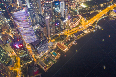 Aerial view Panoramic of the Singapore Skyline and Marina Bay, the marina is the centre of the economy in singapore, there are here all the building of all the majors bank and insurance.
