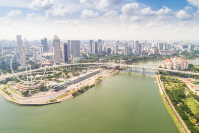 Aerial view Panoramic of the Singapore Skyline and Marina Bay, the marina is the centre of the economy in singapore, there are here all the building in singapore central
