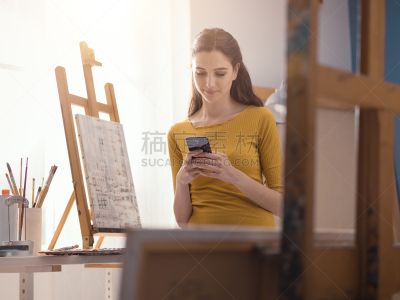 幸福,女人,美术工作室,电话机