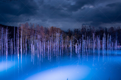 照明设备,湖,夜晚,美瑛町,正下方视角,雪,水面,池塘,烙心蓝池,背景