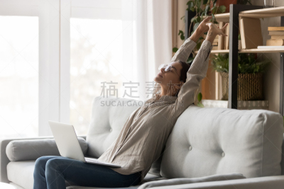 舒服,笔记本电脑,幸福,沙发,女人,伸展,坐