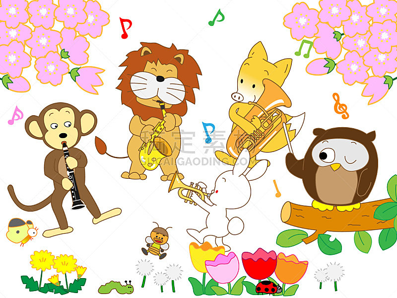 春天,动物,音乐,水平画幅,单簧管,樱花,郁金香,绘画插图,鸟类,猴子