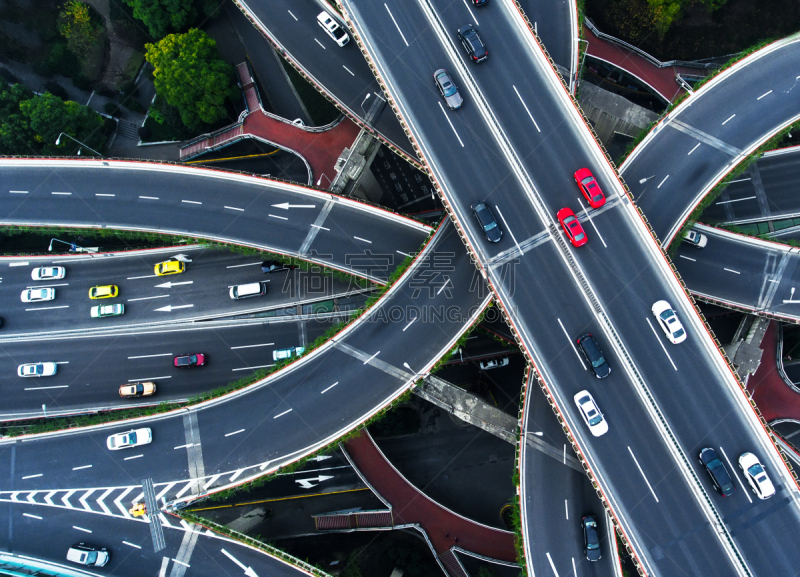公路,环形路,十字路口,立交桥,上海,多车道公路,路口,水平画幅,高视角,陆用车