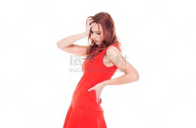 一个人,姿态不雅,青年女人,背痛,连衣裙,半身像,少女,痛苦,身体受伤,18岁到19岁
