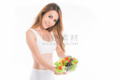 沙拉碗,白色,运动胸罩,女孩,拿着,顺势医学,运动,背景分离,营养学家,泰国