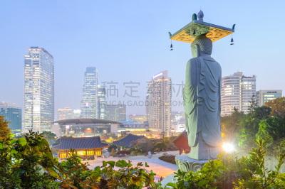 首尔,朝鲜半岛,寺庙,曙暮光,水平画幅,夜晚,无人,户外,都市风景,现代