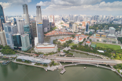 航拍视角,滨海湾 ,新加坡市,游艇码头,城市天际线,金融,全景,中环,建筑外部,全部