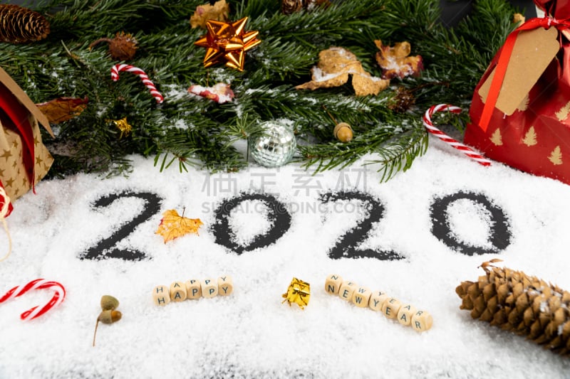 2020,欢乐,运气,宁静,新年前夕,雪,杉树,礼物,爱,写