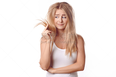 可爱的,青年女人,缠结的,背景分离,肖像,一个人,长的,凌乱,头发,仅一个青年女人