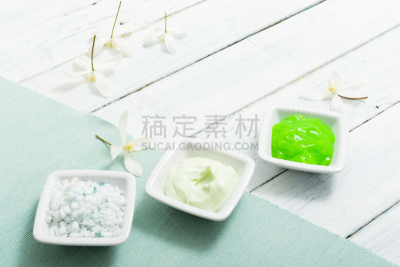 浴盐,润肤露,健康保健,纺织品,化妆用品,绿松石色,背景,护手霜,木制,白色
