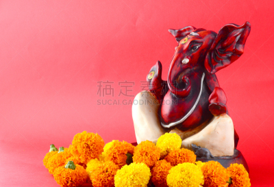 偶像,印度神像,象鼻神葛尼沙,红色背景,传统,贺卡,象,万寿菊,甘尼许节,动物头
