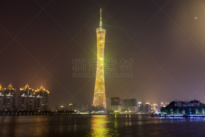 广州,塔,珀尔里福,水,天空,水平画幅,无人,月亮,户外,湖