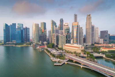 Aerial view Panoramic of the Singapore Skyline and Marina Bay, the marina is the centre of the economy in singapore, there are here all the building in singapore central