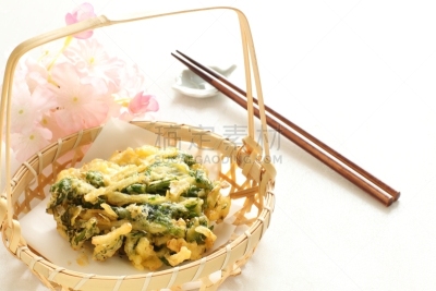 天麸罗,日本食品,蔬菜叶,绿色,书上,炸制食物,留白,水平画幅,无人,洋葱