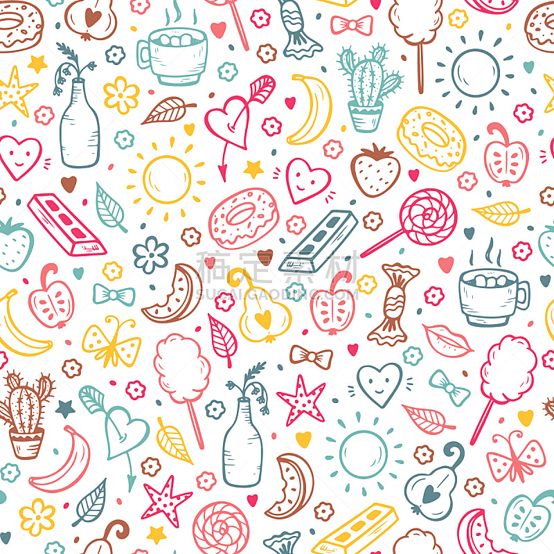 夏天,四方连续纹样,糖果,矢量,乱画,水果,浆果,甜食,背景,绘制