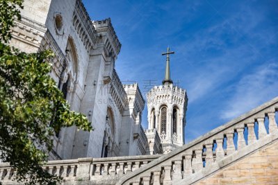 Details of Basilica Notre Dame de Fourviere architecture in Lyon french city seen from the famous gardens of Frouviere hill